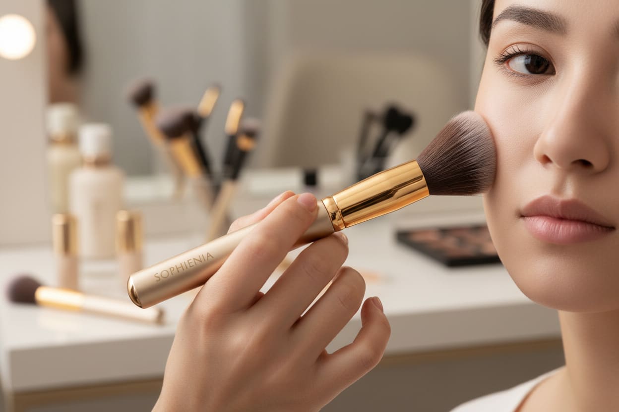 A woman is applying makeup using a Sophienia makeup brush.