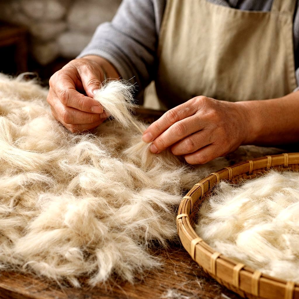 Hands sorting through raw wool fleece in a woven basket, preparing natural fibers for traditional textile processing