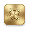 Golden square icon featuring a sun symbol with radiating rays and a circular center on a metallic bronze background