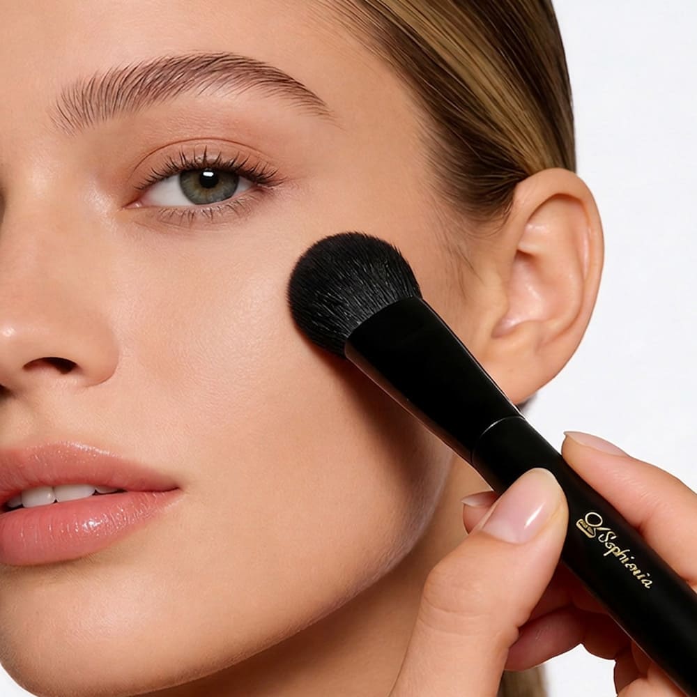 A woman is using a sophienia foundation brush.