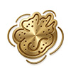 Golden decorative emblem featuring a stylized four-leaf clover or flower shape with elegant swirl patterns