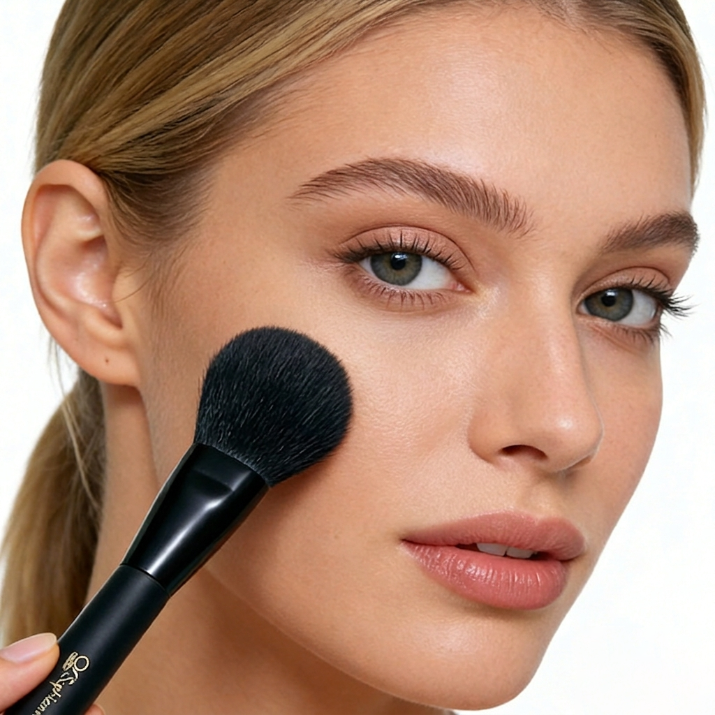 Young woman applying powder to her cheek with a black sophienia makeup brush, natural makeup look with slicked-back blonde hair