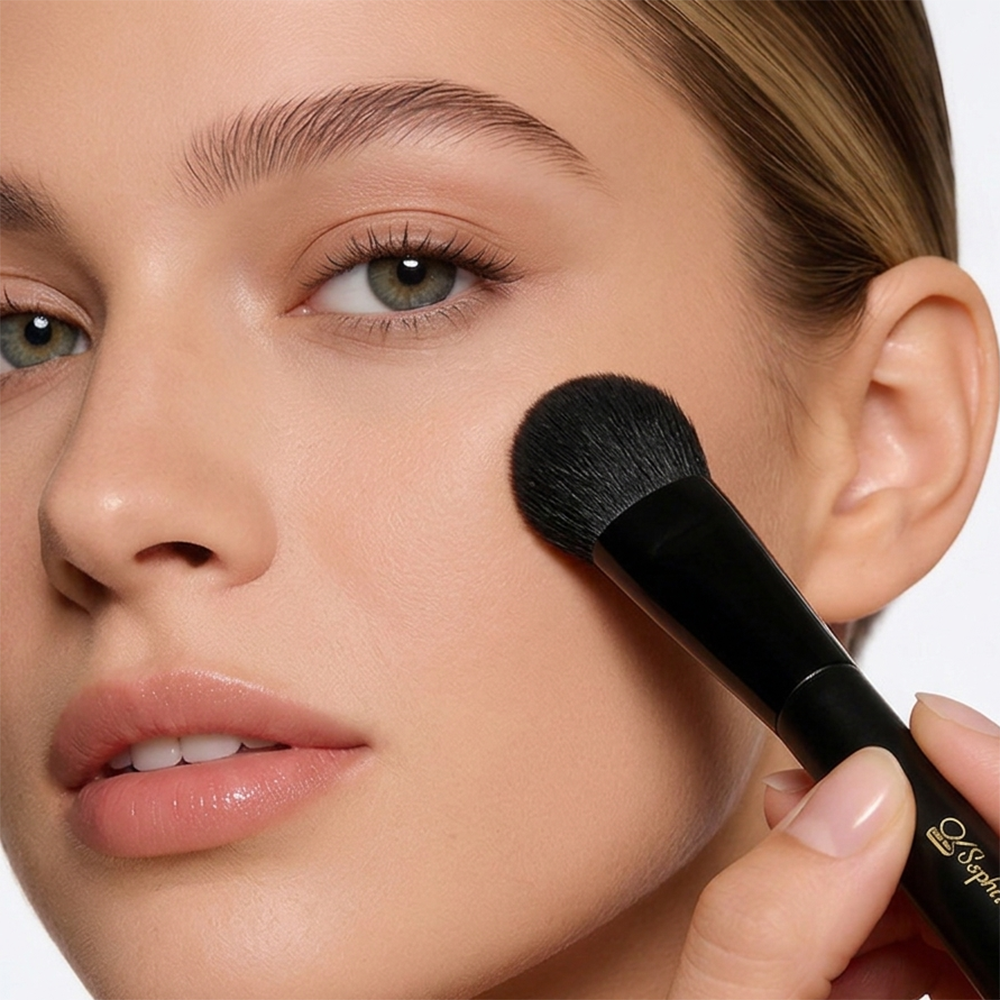 Woman applying blush to cheek with black Sophienia makeup brush, natural makeup look with glossy lips