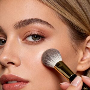 Woman applying powder blush to her cheek with a gold-handled makeup brush, natural glowing skin and soft eye makeup