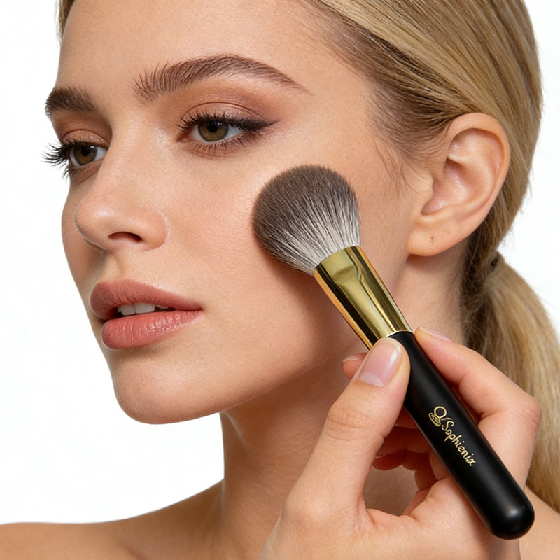 A woman is using a Sophienia makeup brush.