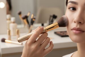 Woman applying blush to her cheek with Sophienia gold makeup brush at vanity with cosmetics in background
