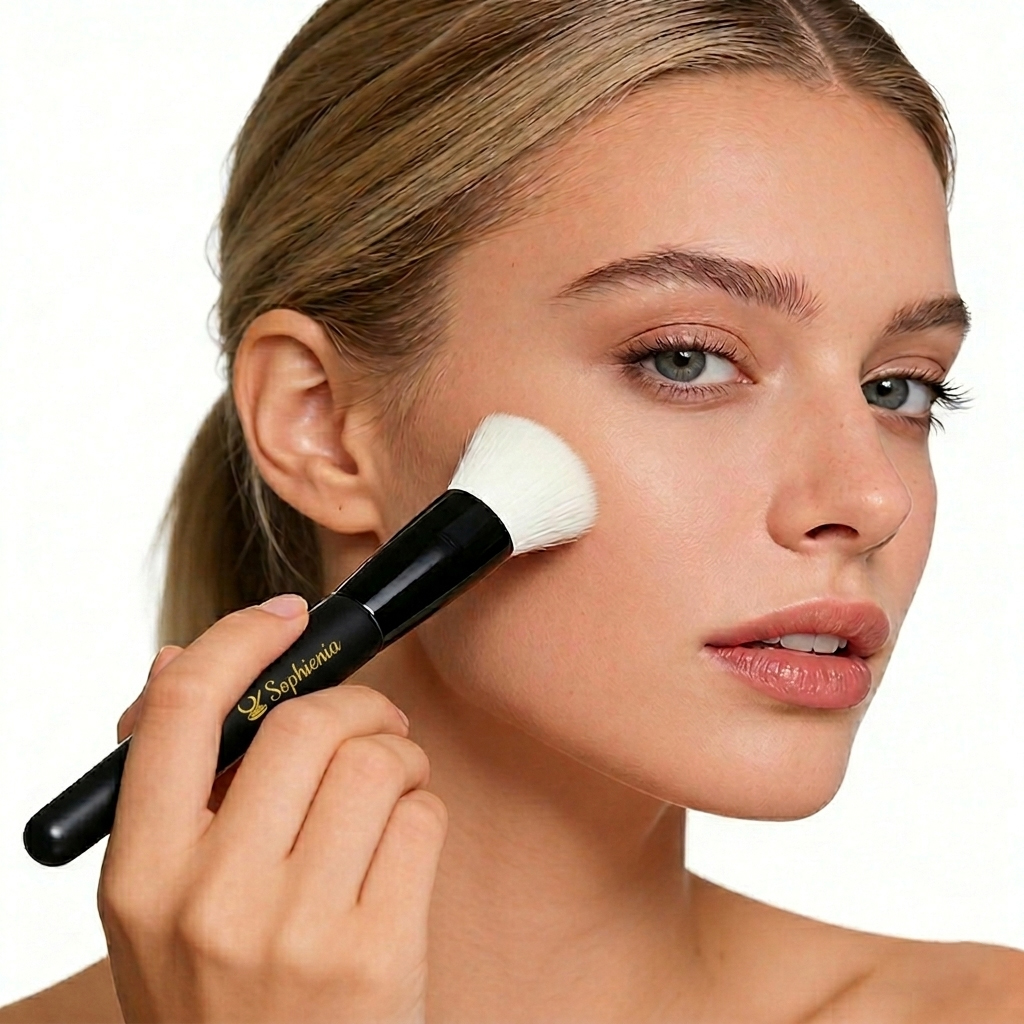 Woman applying makeup with Sophienia white falt-top founation brush to her cheek, demonstrating natural beauty application technique