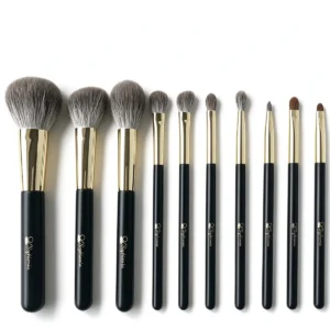 Ten-piece complete makeup brush set arranged upright