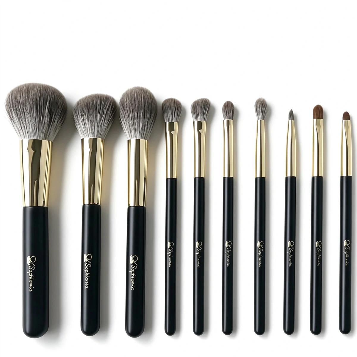 Ten-piece complete makeup brush set arranged upright