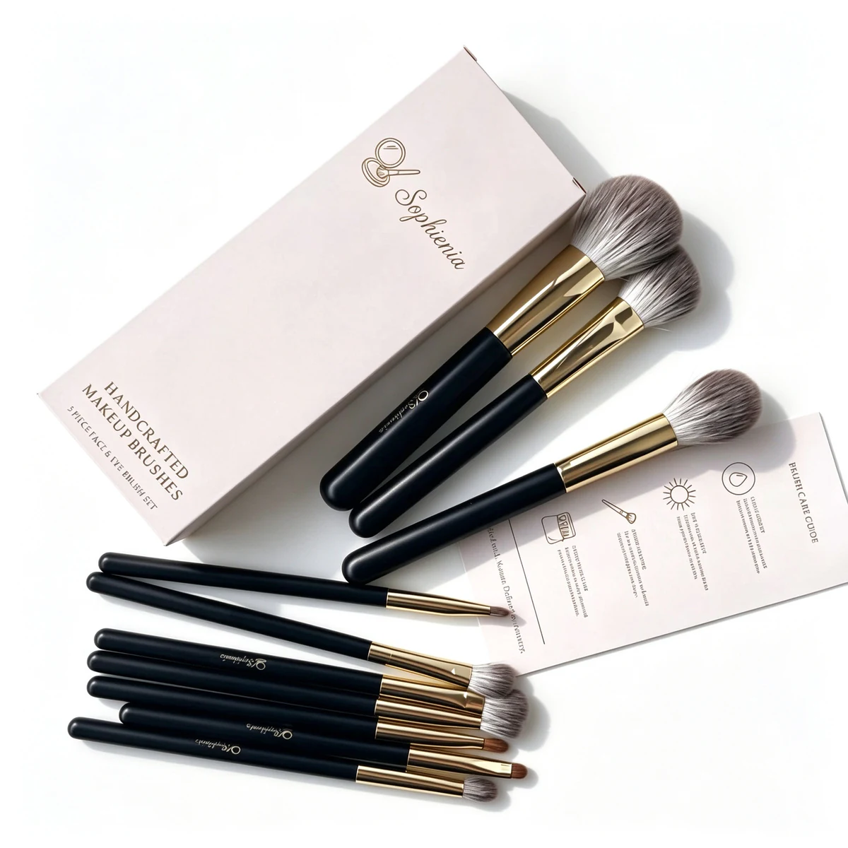 Ten-piece makeup brush collection arranged flat