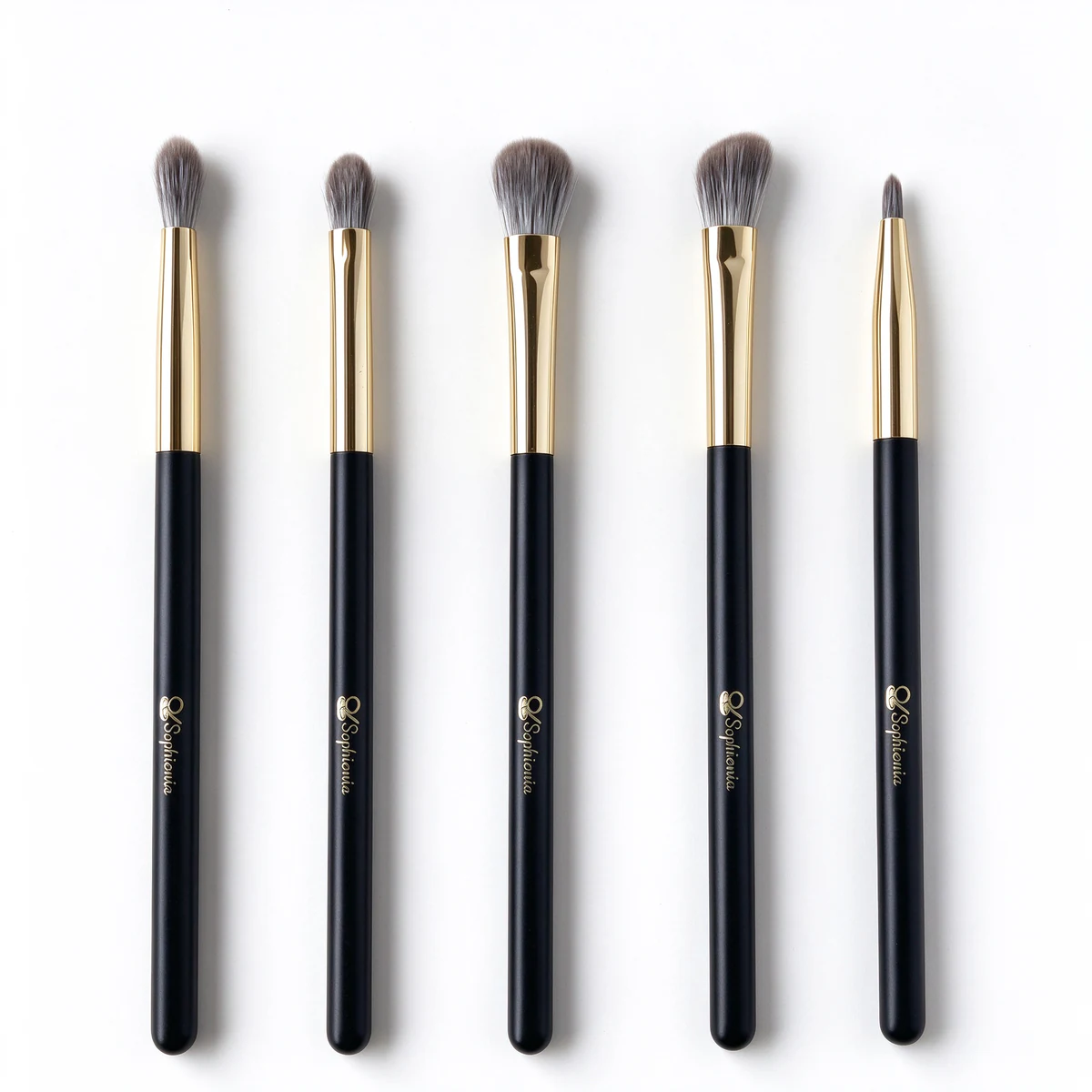 Five-piece essential eye brush set shown upright