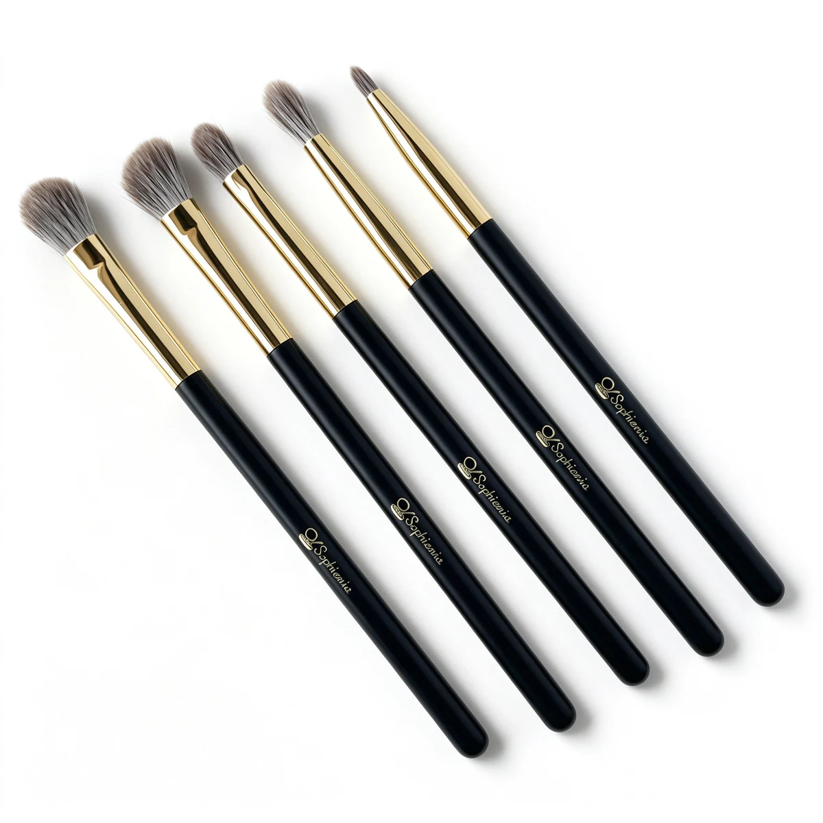 Five essential eye brushes in fan arrangement
