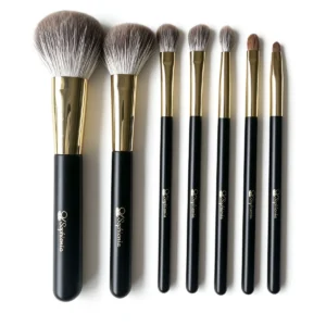 Seven-piece everyday makeup brush set arranged upright