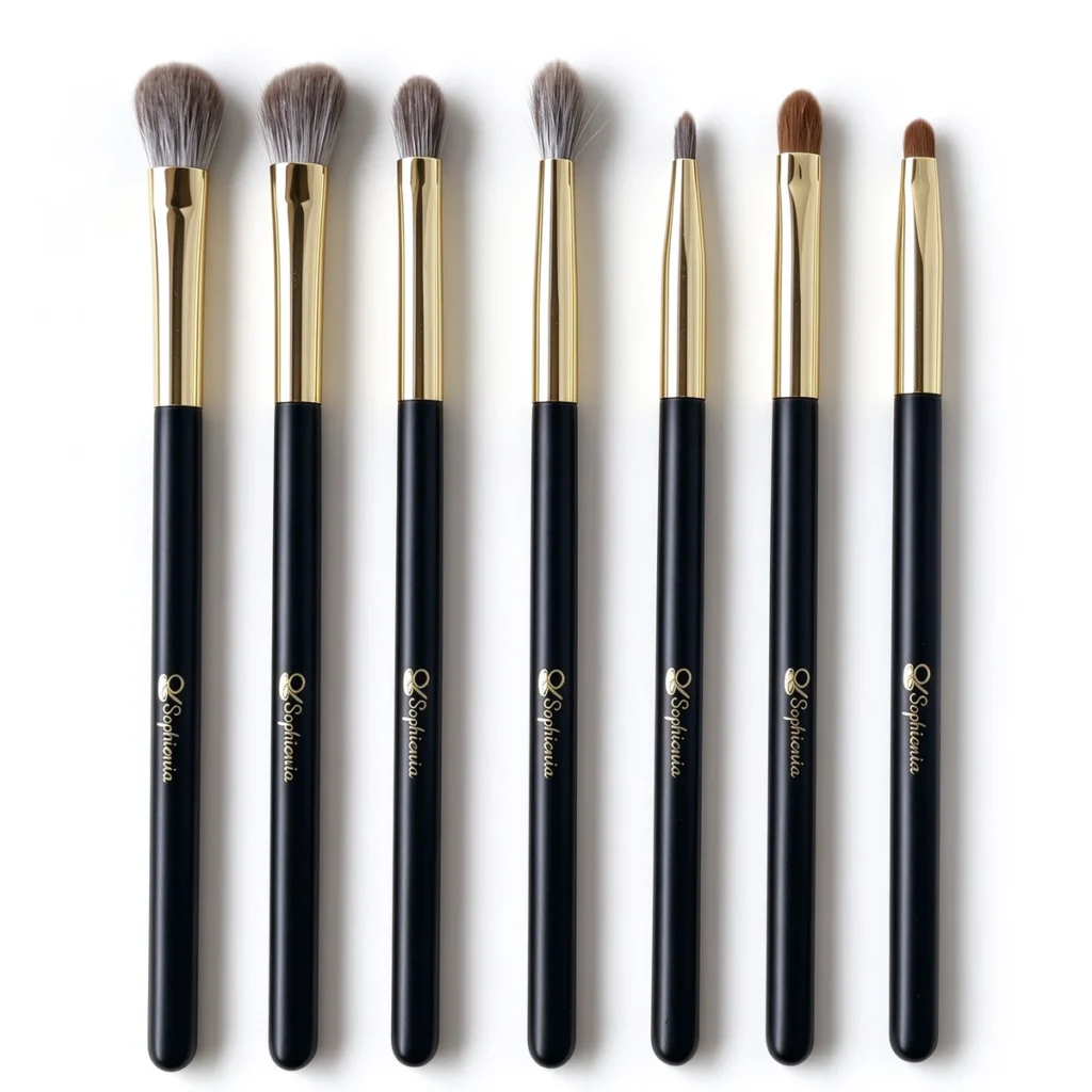 Seven-piece complete eye brush set shown upright