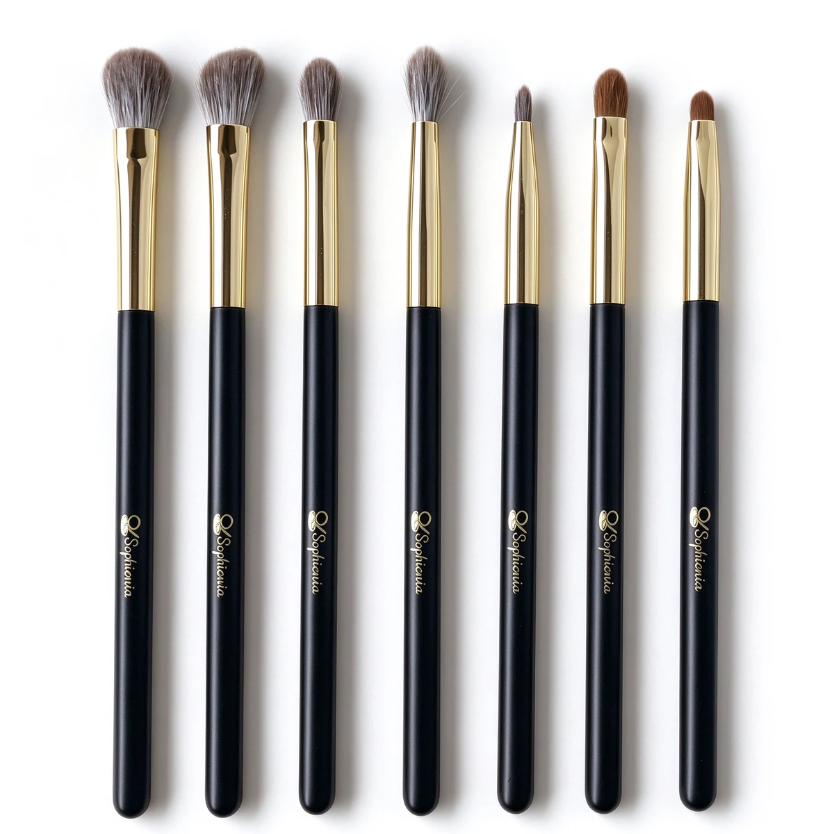 Seven-piece complete eye brush set shown upright