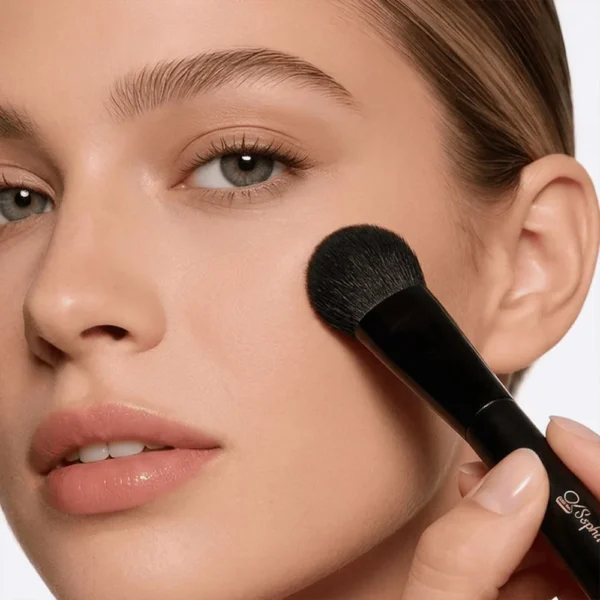 Woman applying blush to cheek with black Sophienia makeup brush, natural makeup look with glossy lips