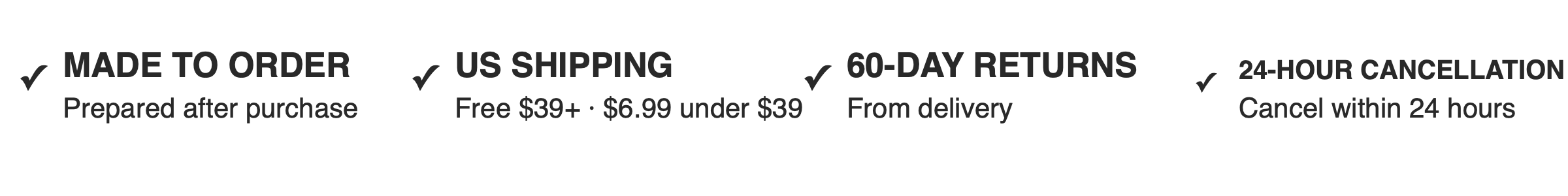 Made to order, US shipping, 60-day returns, and 24-hour cancellation
